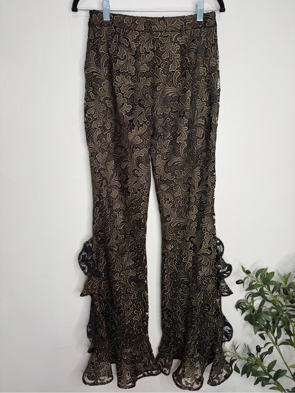 NWOT UNGARO Women's Black & Gold Lace Flared Pants